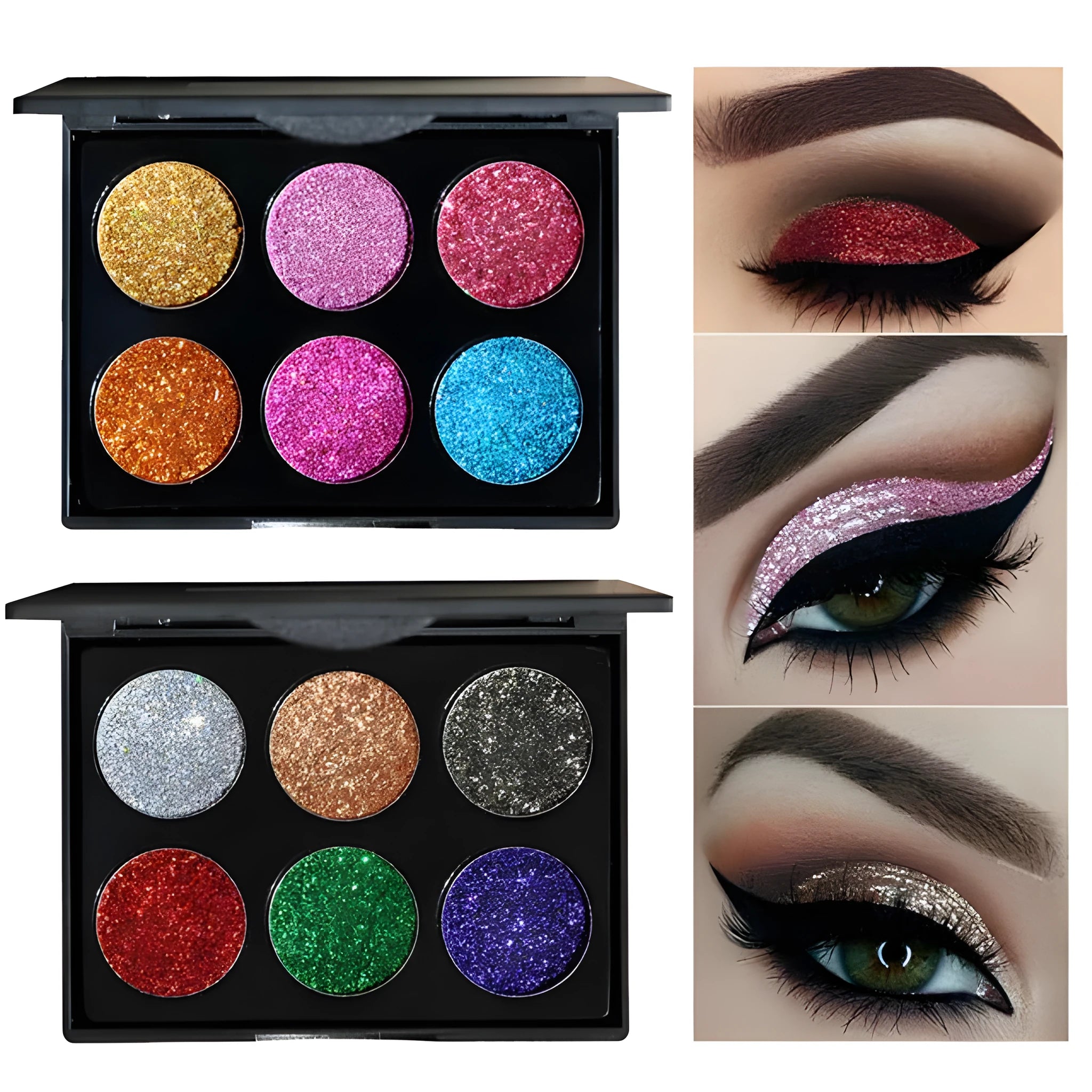 Sequin eye shadow tray with 6 colour palette, compact 10 cm by 7.8 cm, smooth silk texture