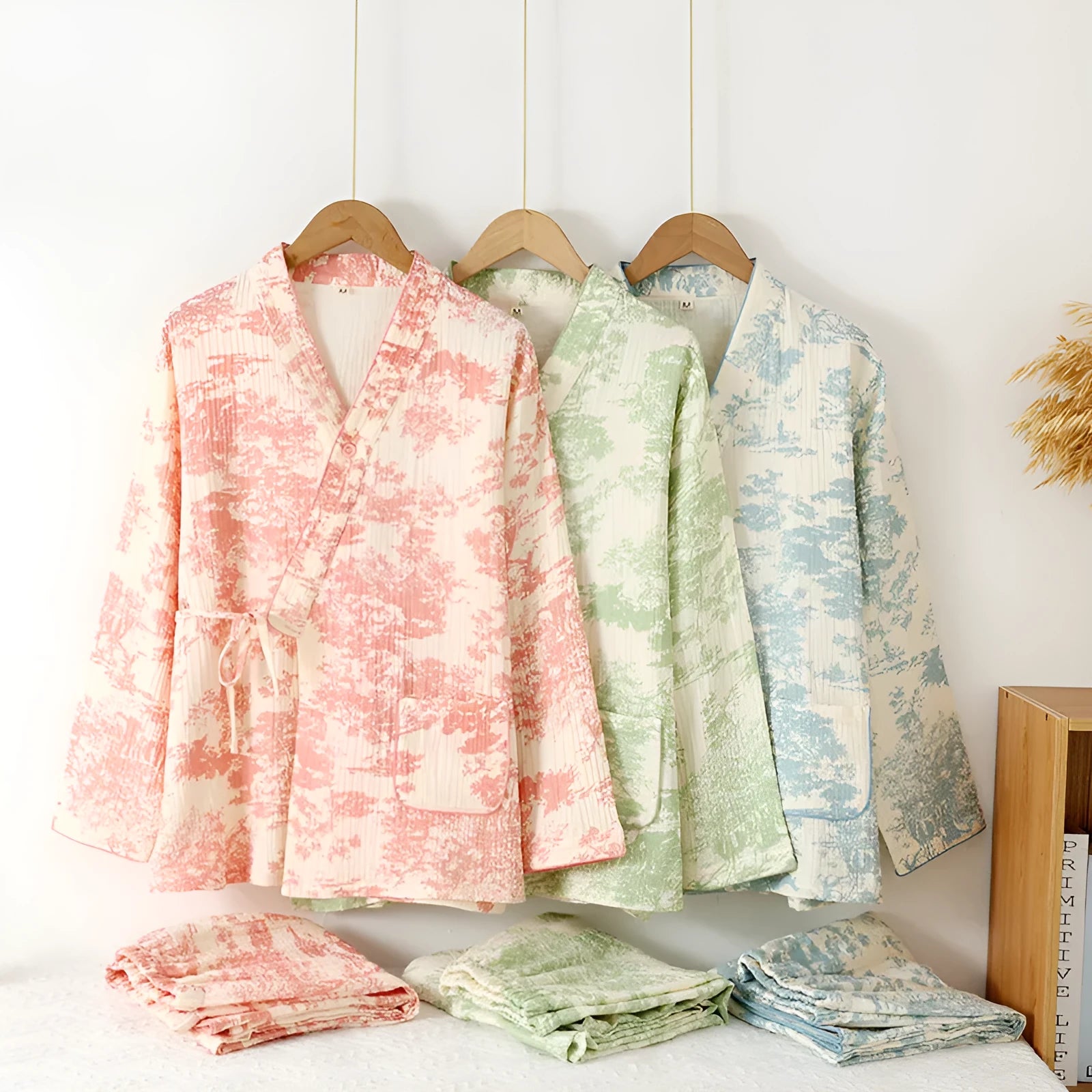 Women's pink frosted pine tree cotton gauze loungewear set with lace-up long-sleeve top and trousers