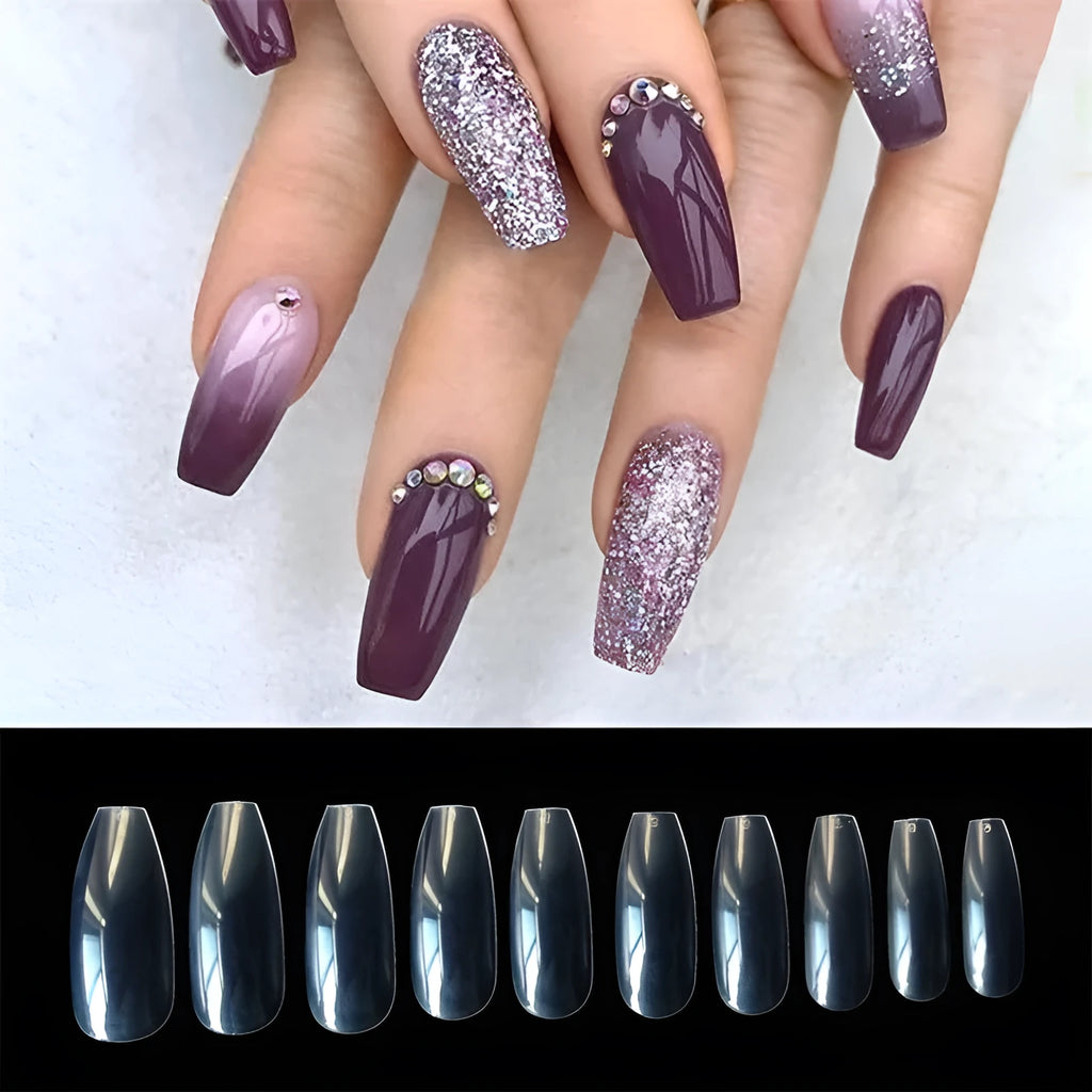 500 clear transparent false nails in 10 sizes arranged on a table, made from ABS plastic