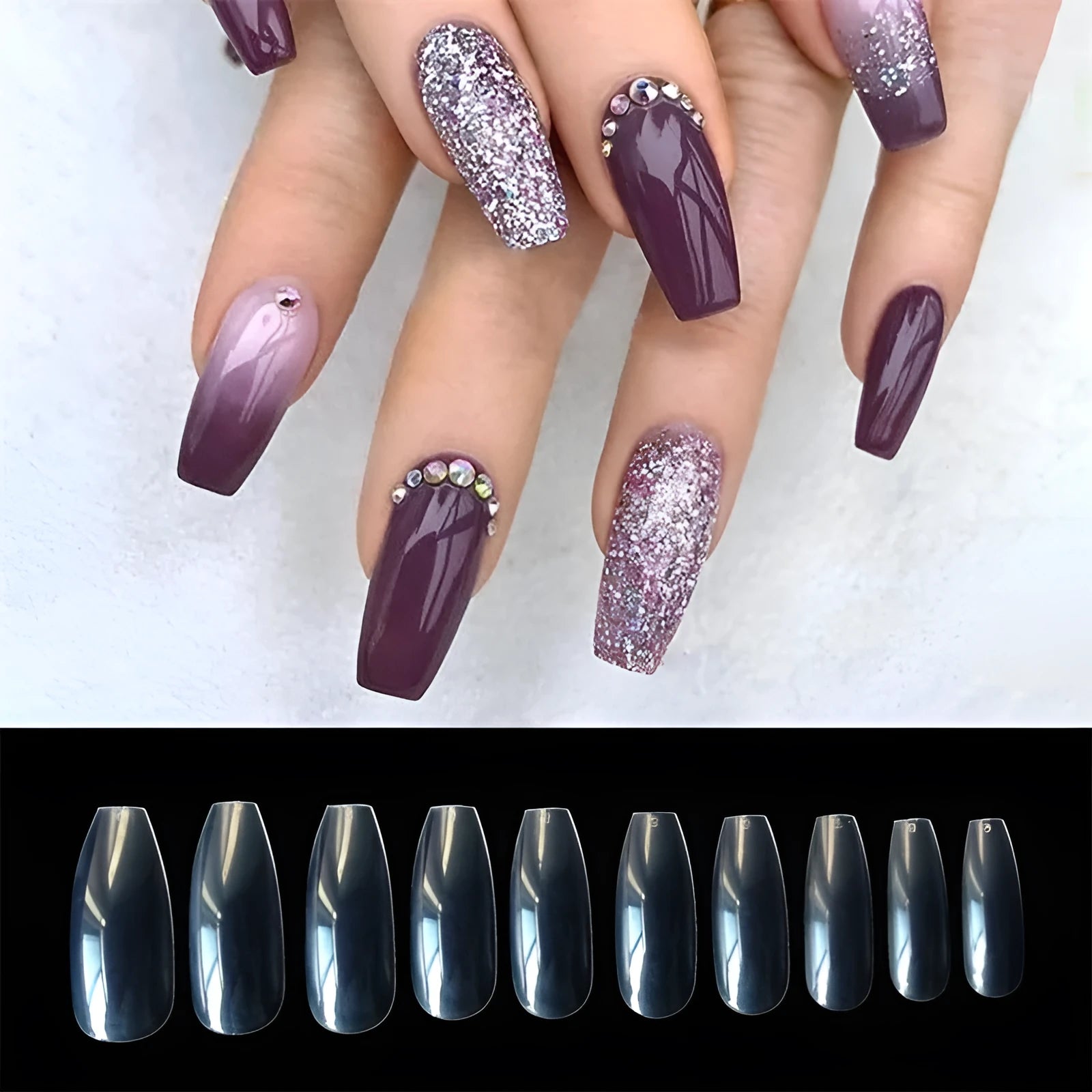 500 clear transparent false nails in 10 sizes arranged on a table, made from ABS plastic