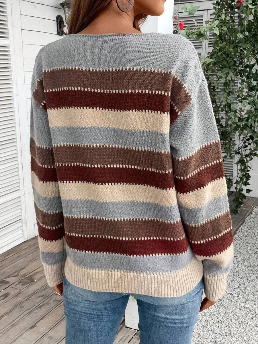 Women's striped colourblock pullover sweater in polyester, shown in a choice of colours.