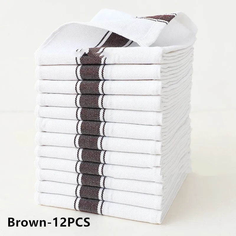 Set of twelve striped and solid coloured polyester cotton kitchen towels measuring 48x70cm