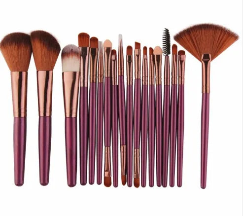18-piece makeup brush set showing various brush shapes including fan tools for powder and contouring