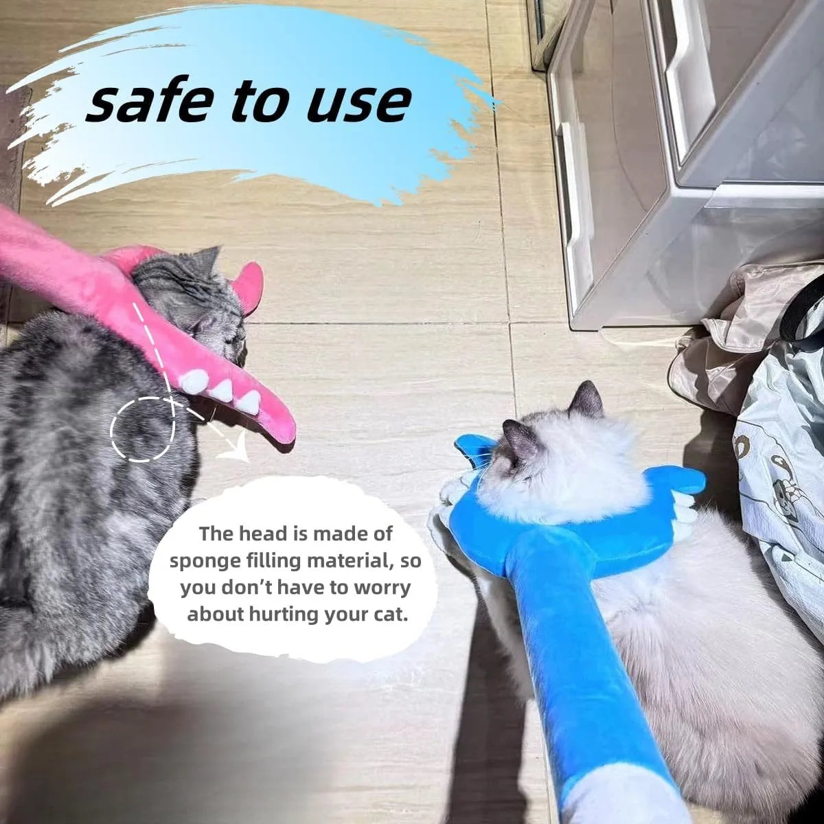 Blue and pink plush cat wand toy with 70cm length for interactive indoor play
