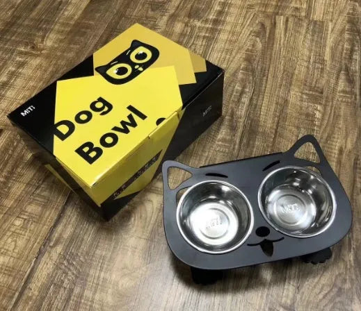 Anti-falling stainless steel pet feeding bowl in black with inclined design