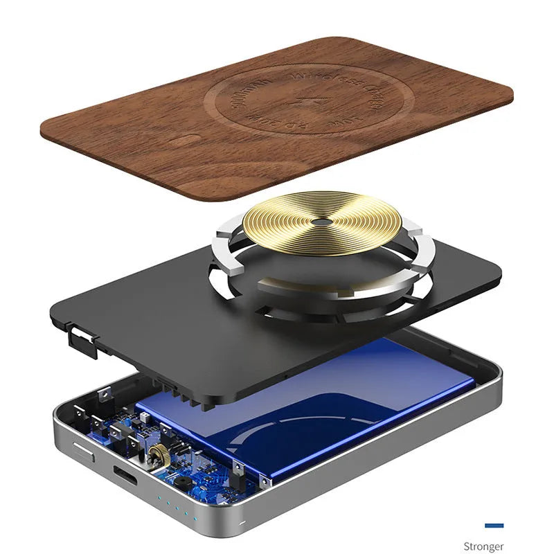 Khaki alloy wireless charging bank with magnetic suction showing 5000mAh capacity and USB port