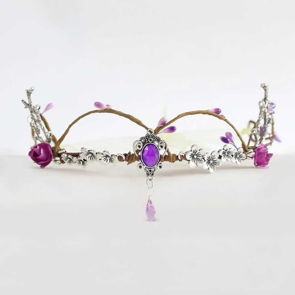Retro handmade mori style decorative Tuinga elf queen hair headband in purple with plum blossom alloy design