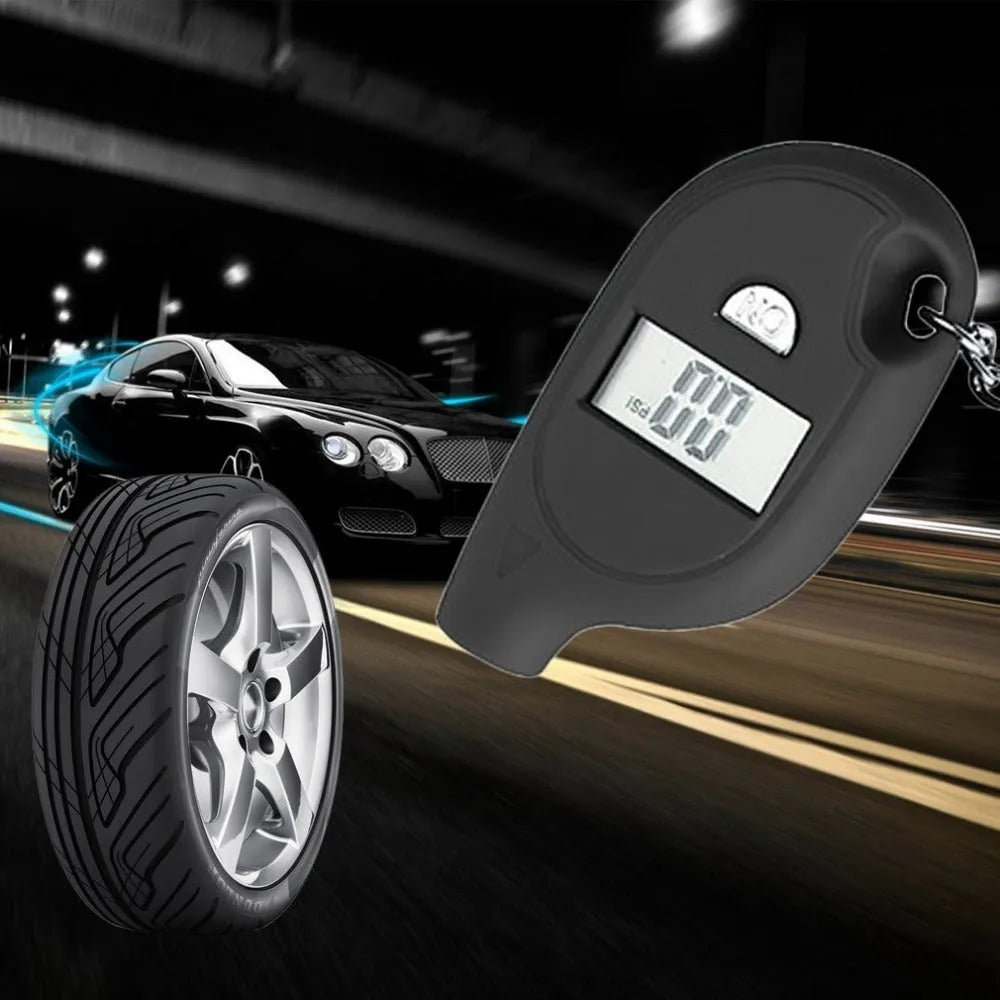 Black ABS keychain tire pressure gauge with LCD screen on keyring