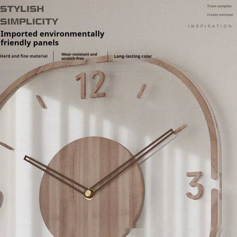 35cm square transparent wooden wall clock with modern design on wall