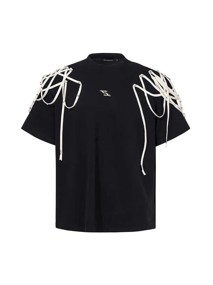 Black short sleeve T-shirt with rivet ribbon padded shoulder detail and loose round neck fit