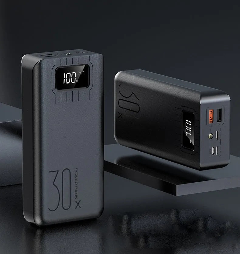 30000 mAh RM-30X power bank with black surface cloth texture and LED LCD display