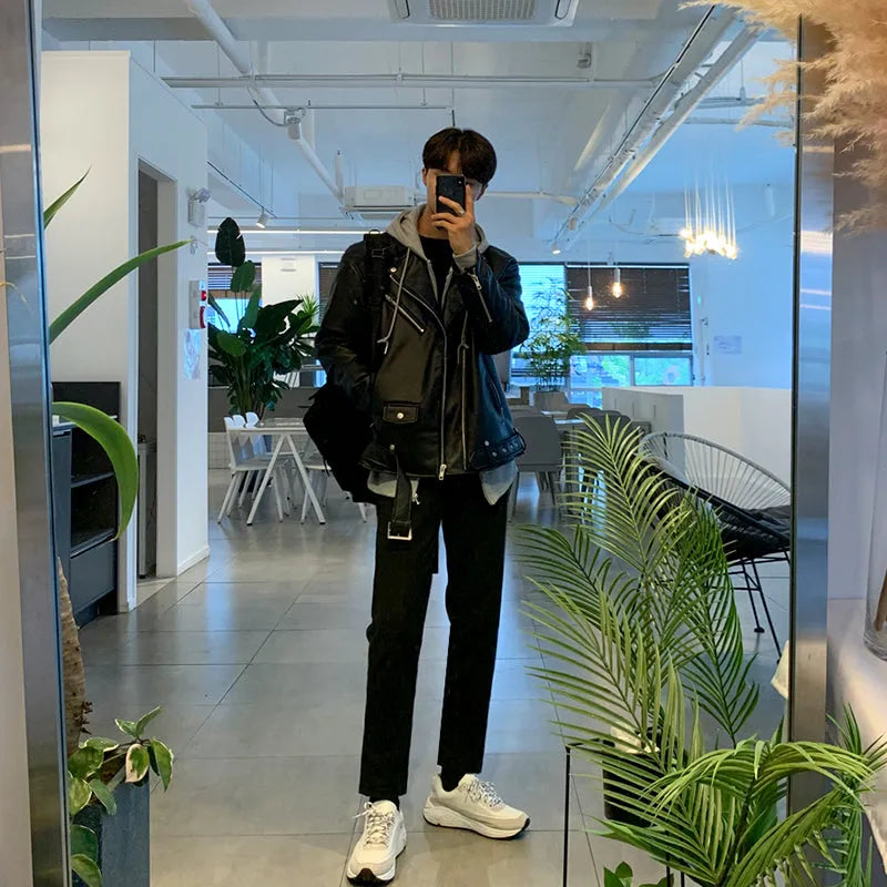 Men's Korean style slim-fit black faux leather motorcycle jacket with zipper front and suit collar