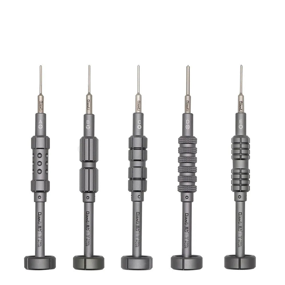 Grenade-shaped aluminium handle iPhone repair screwdriver with five bits including T2 cross triangle tail screw.