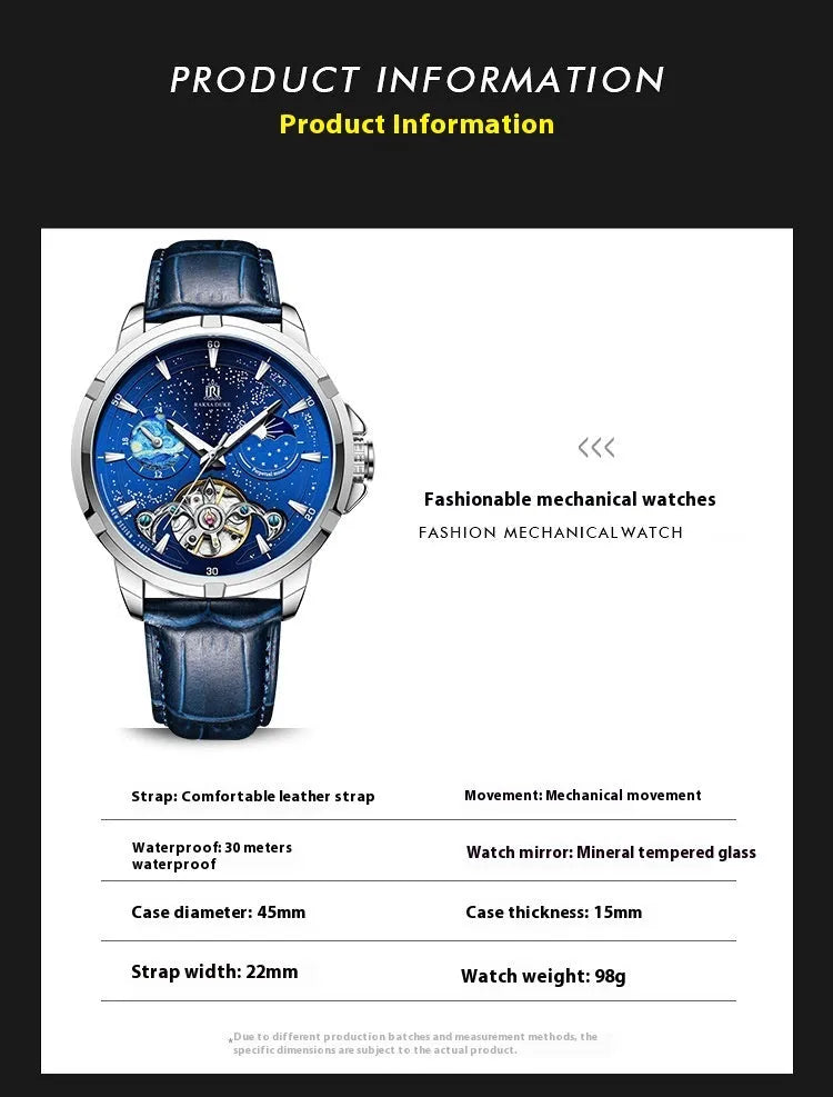 Men's blue dial automatic mechanical watch with metal bracelet showing time display