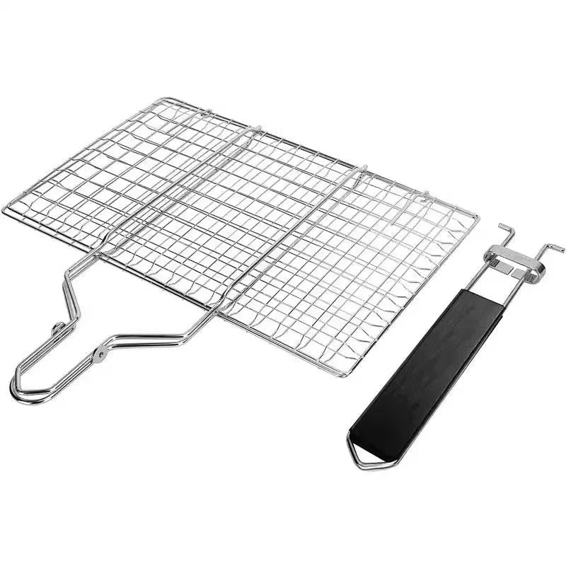 Square stainless steel barbecue mesh basket with folding design and cleaning brush