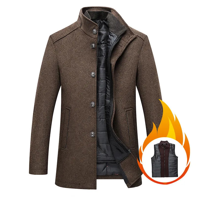 Men's solid colour casual woolen coat in camel, front view, long sleeves, relaxed fit
