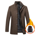 Men's solid colour casual woolen coat in camel, front view, long sleeves, relaxed fit
