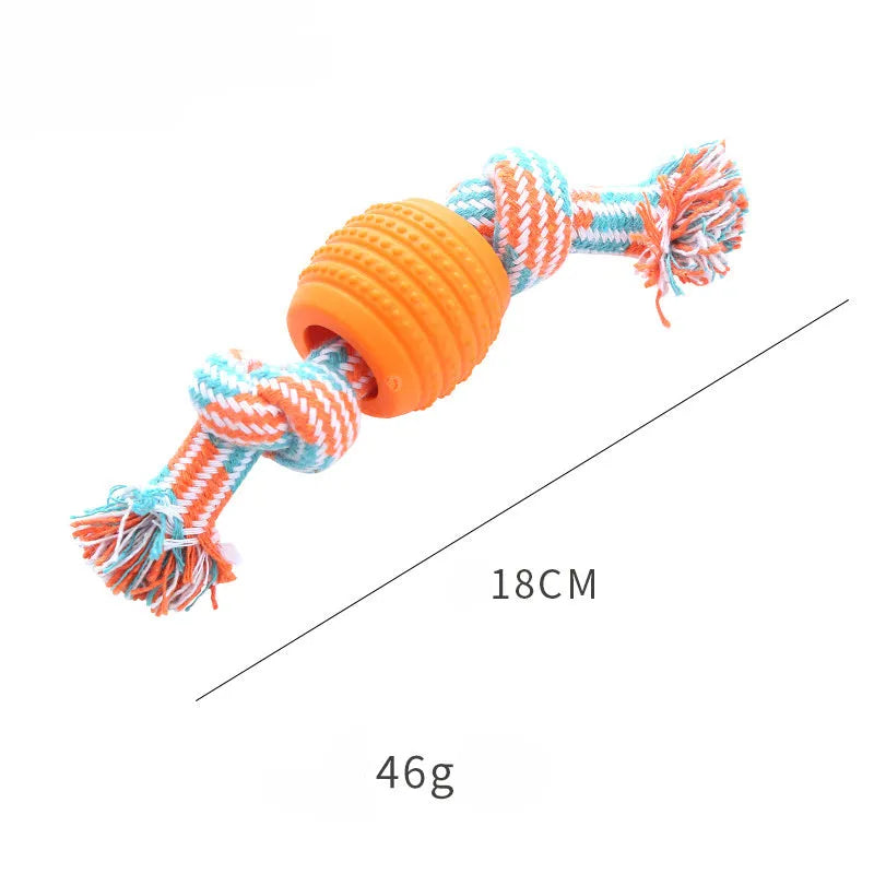Blue dog chew toy with rope elements for dental cleaning and oral health protection