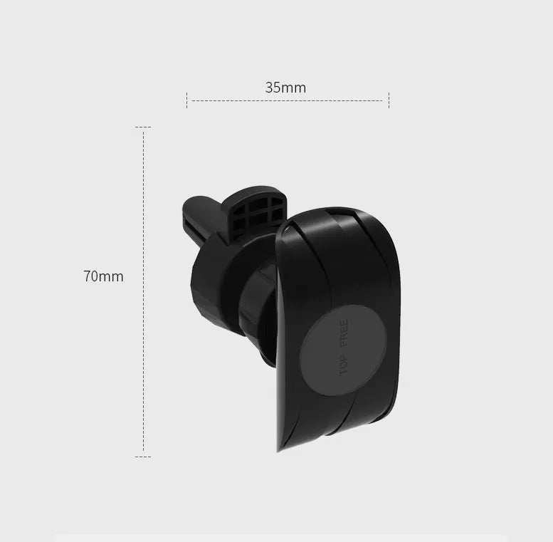 Black car phone holder attached to vehicle air vent with phone securely mounted