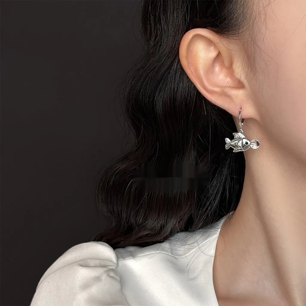 Pair of bubble fish original design goldfish earrings in electroplated copper for women.