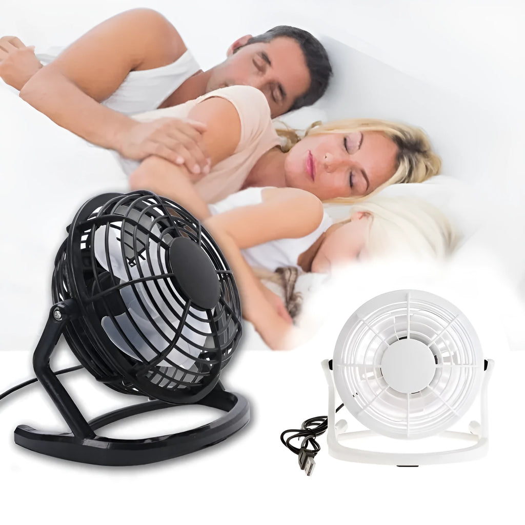 Mini USB desk fan in black colour showing adjustable tilt mechanism and compact 16cm size