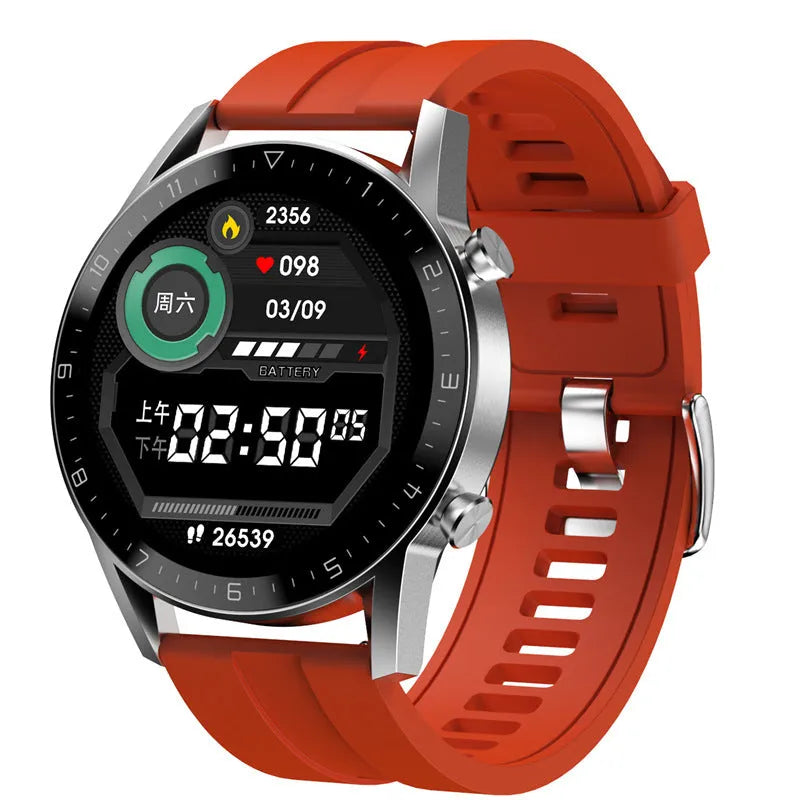 Black multifunctional sports watch with 1.3-inch touchscreen on a genuine leather strap with classic buckle