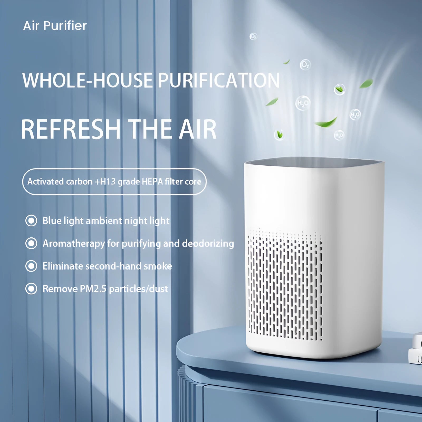 Simple style desktop air purifier and heater unit with USB power cable