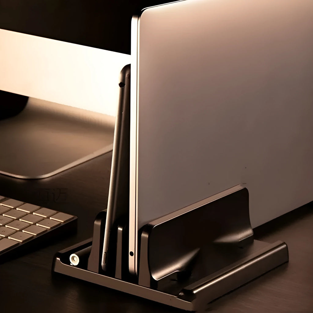 Black aluminium alloy notebook vertical bracket storage stand with single slot for desktop organiser