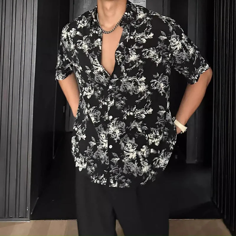 Black and white floral printed short sleeve shirt with loose fit cardigan style