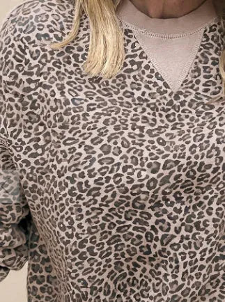 Women's round neck long sleeve leopard print top in brown, polyester fibre, size S to XL