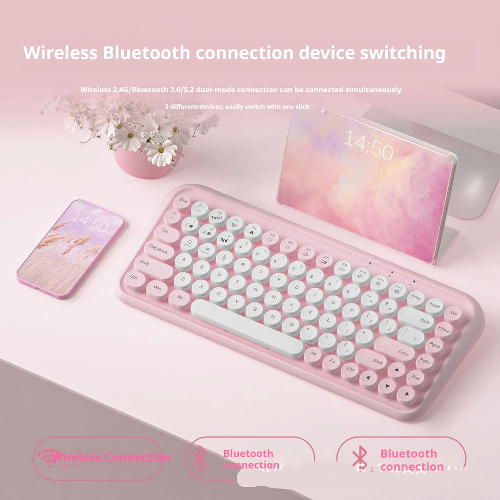 Pink portable Bluetooth wireless keyboard with 84 keys and compact design