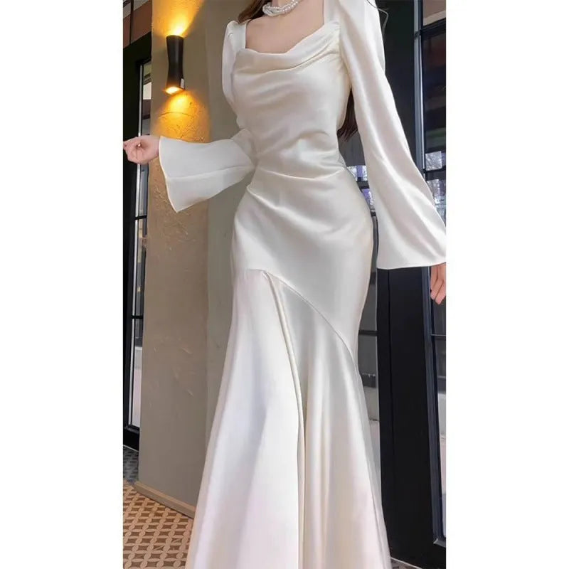 Satin long sleeve champagne white dress for marriage certificate photo mid-rise waist