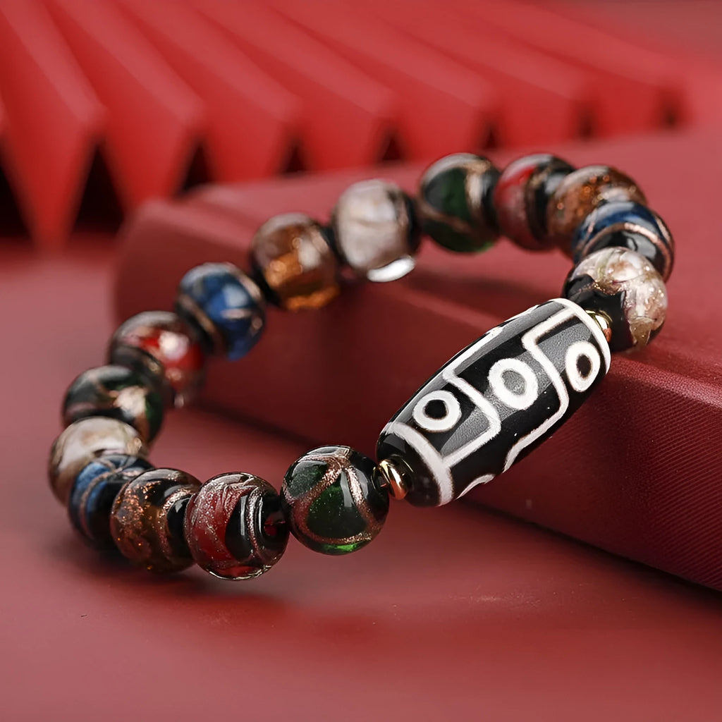 Chinese style coloured glaze bracelet with auspicious patterns and colourful beads in 10mm, 12mm, 14mm sizes