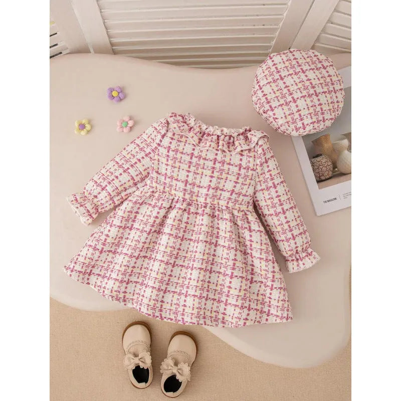 Pink plaid lace collar bow dress for baby girls, regenerated cellulose fibre fabric, suitable height 12-18 months