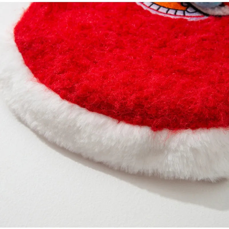 Red cotton-padded 3D lion dance pet vest with faux fur trim for small dogs and cats, featuring embellished eyes and pom-poms.