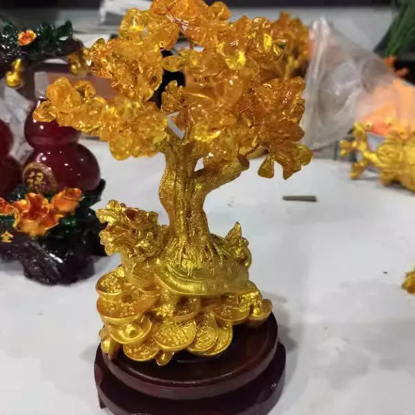 Citrine-coloured small water turtle money tree Feng Shui ornament in Chinese style resin construction