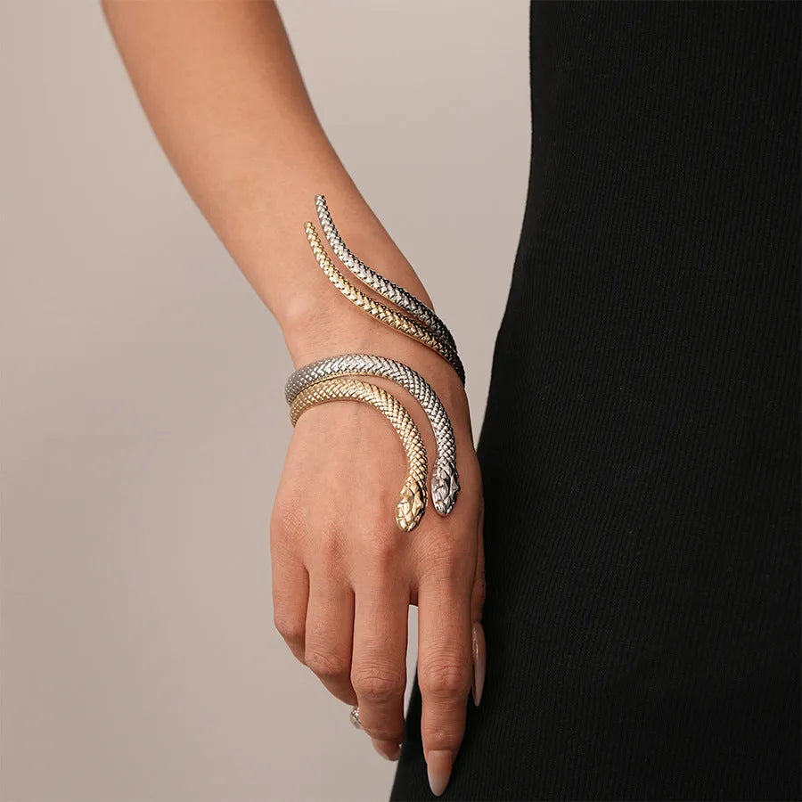 Exaggerated twisted winding simulated snakes opening metal ring and bracelet jewellery set