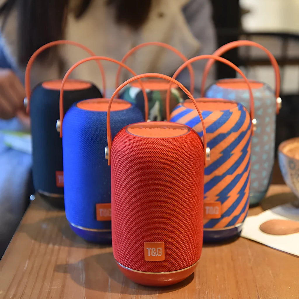 TG107 fabric wireless Bluetooth portable speaker in blue orange pattern, 99mm size, 10W output