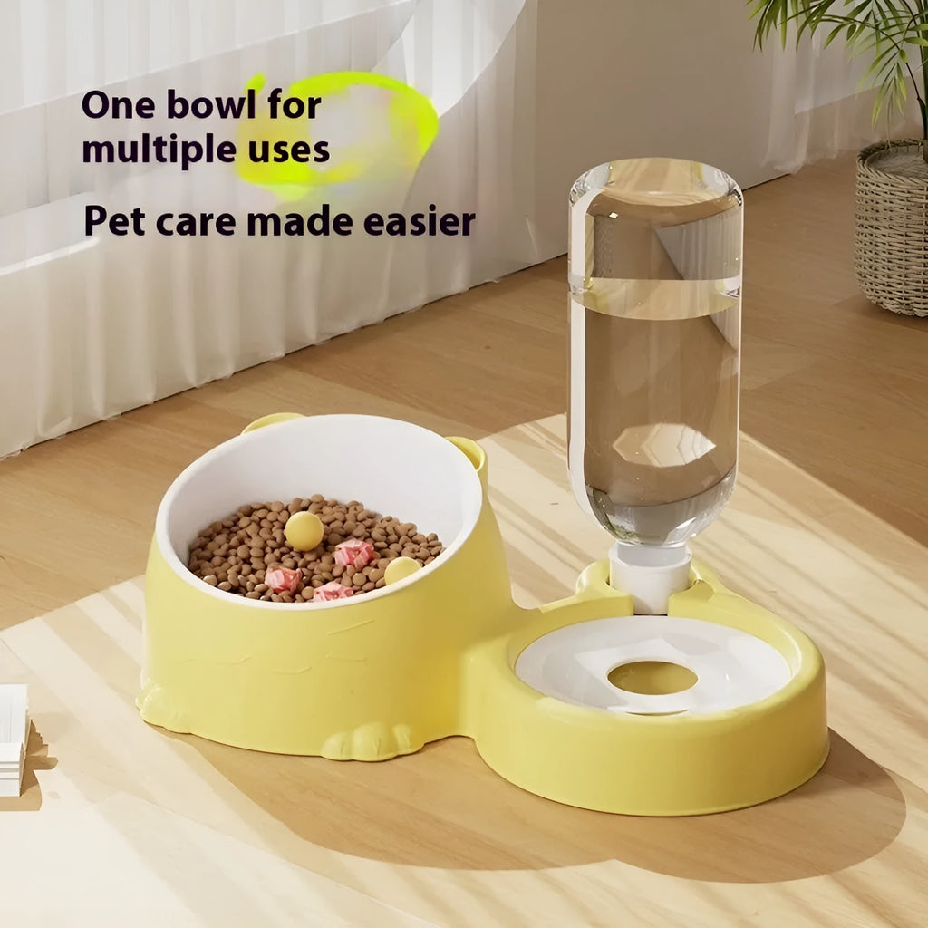 Automatic pet drinking basin with two bowls in stainless steel and ceramic