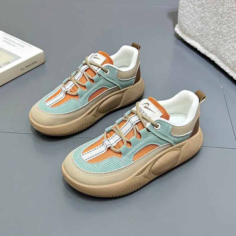 Women's platform board shoes in beige green, front lace-up with round toe and solid colour artificial PU upper