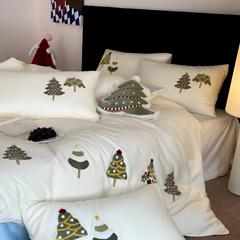Pure cotton four-piece bedding set with embroidered Christmas tree and towel pattern in cream blue or green.