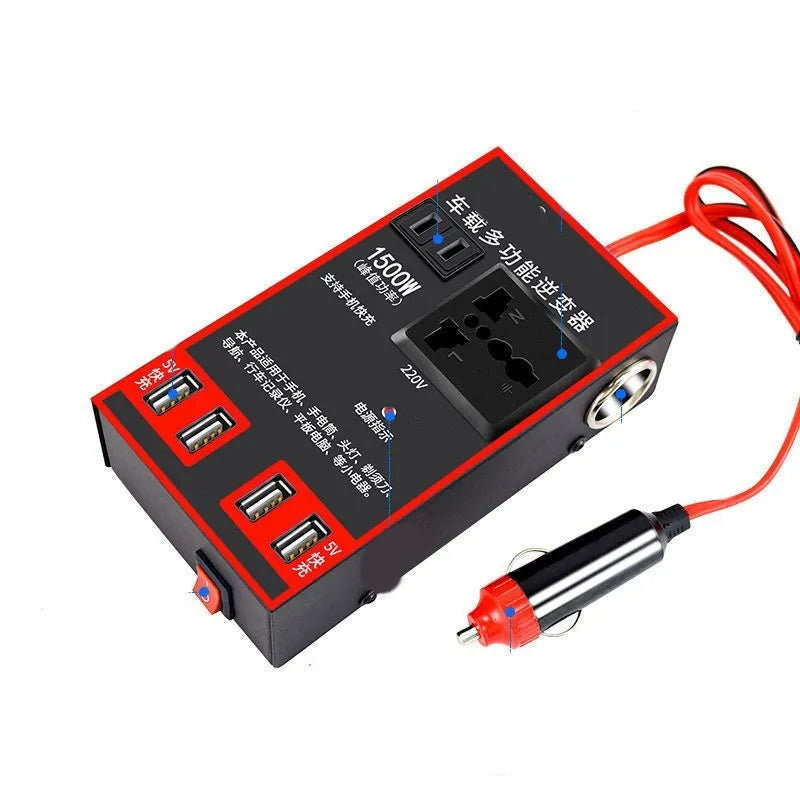 Black automotive power converter converting 12V/24V vehicle power to 220V with USB charging ports