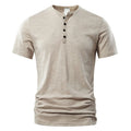 Men's solid colour slub cotton short sleeve casual t-shirt on a hanger, showing textured fabric detail.