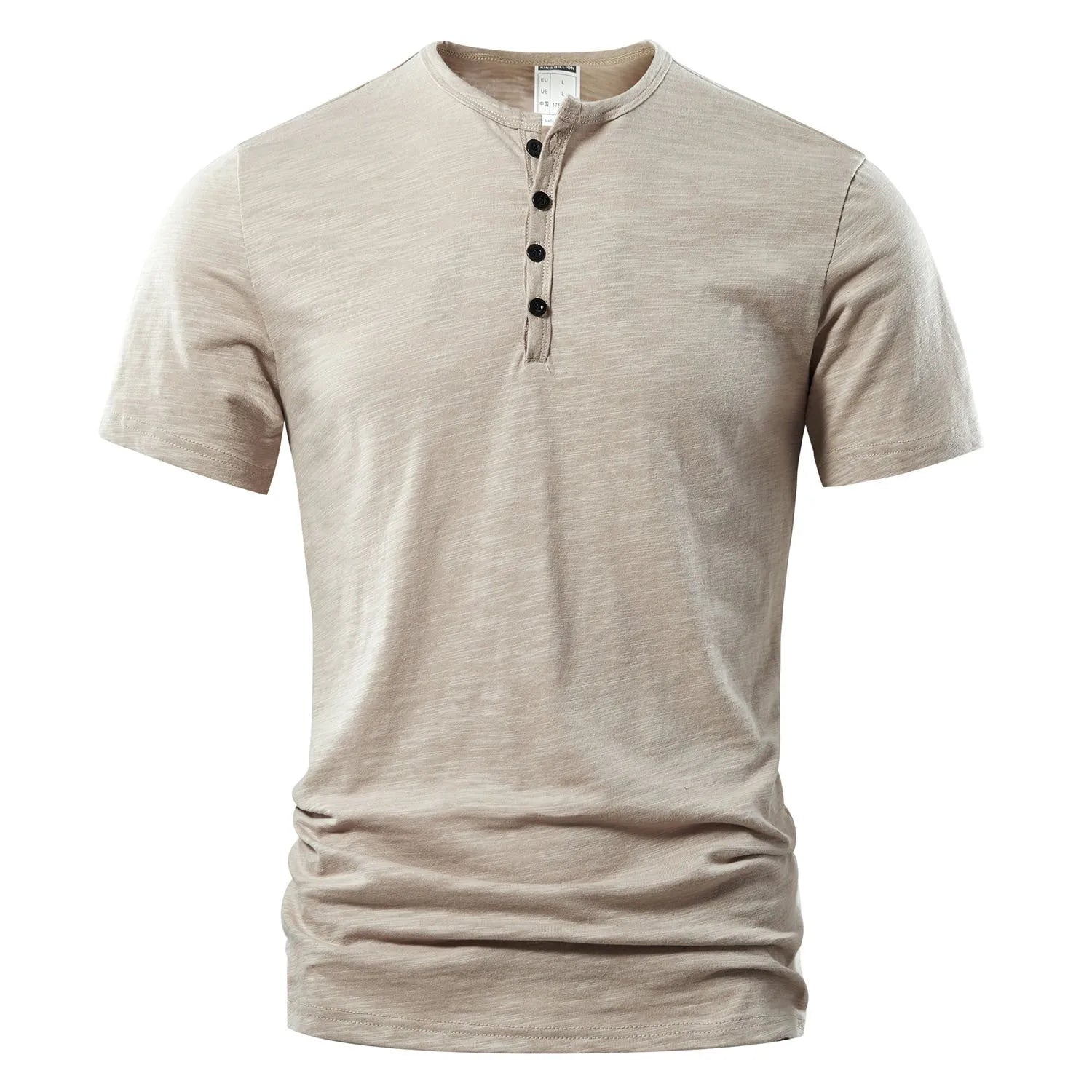 Men's solid colour slub cotton short sleeve casual t-shirt on a hanger, showing textured fabric detail.
