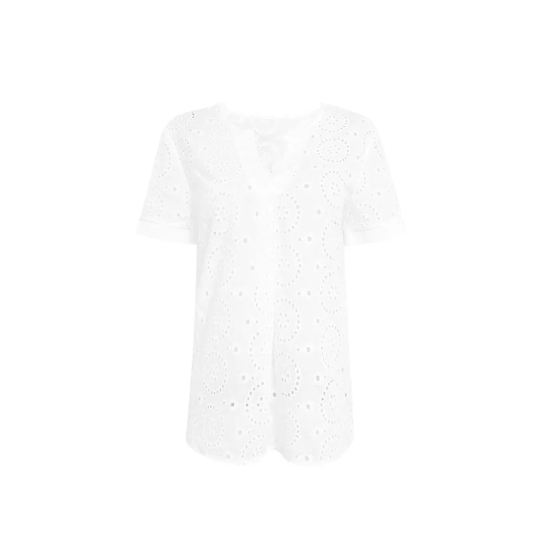 Women's white V-neck t-shirt with hollow-out detailing, loose fit casual style