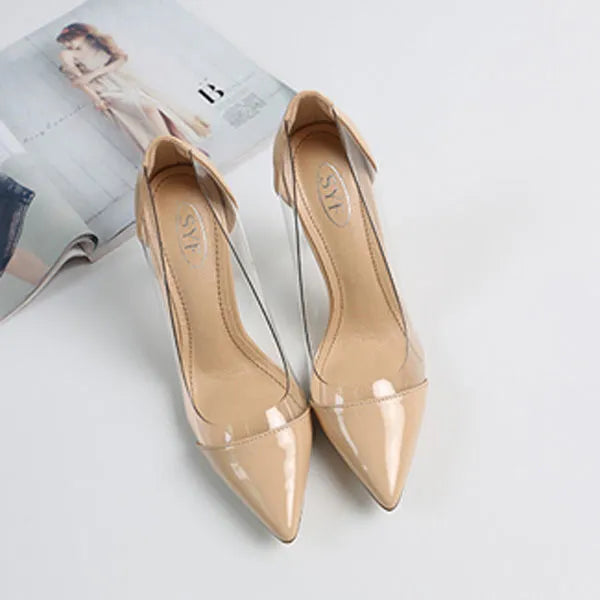 Transparent nude high heels women's stiletto pumps with 3-5CM mid heel for wedding banquet