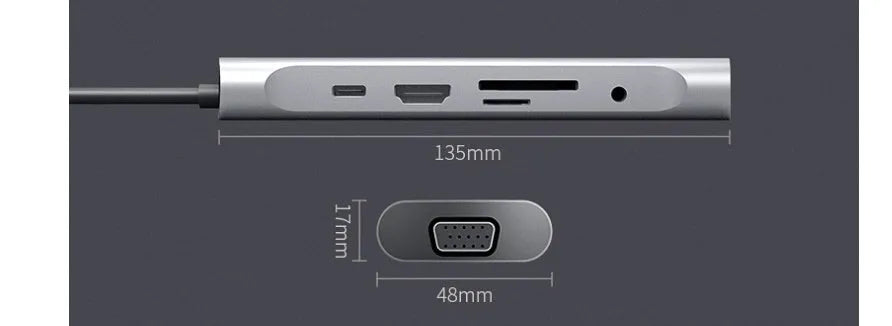 Grey aluminium USB-C docking station showing HDMI, VGA, USB 3.0, PD charging, and card reader ports.