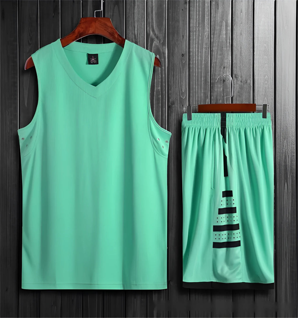 Breathable black and white sports vest and trousers set for basketball training.