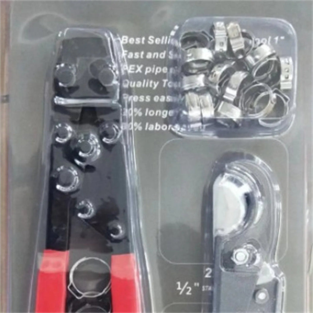 Red cloth finish PEX clamp set with metal construction and carbon steel cutting edge