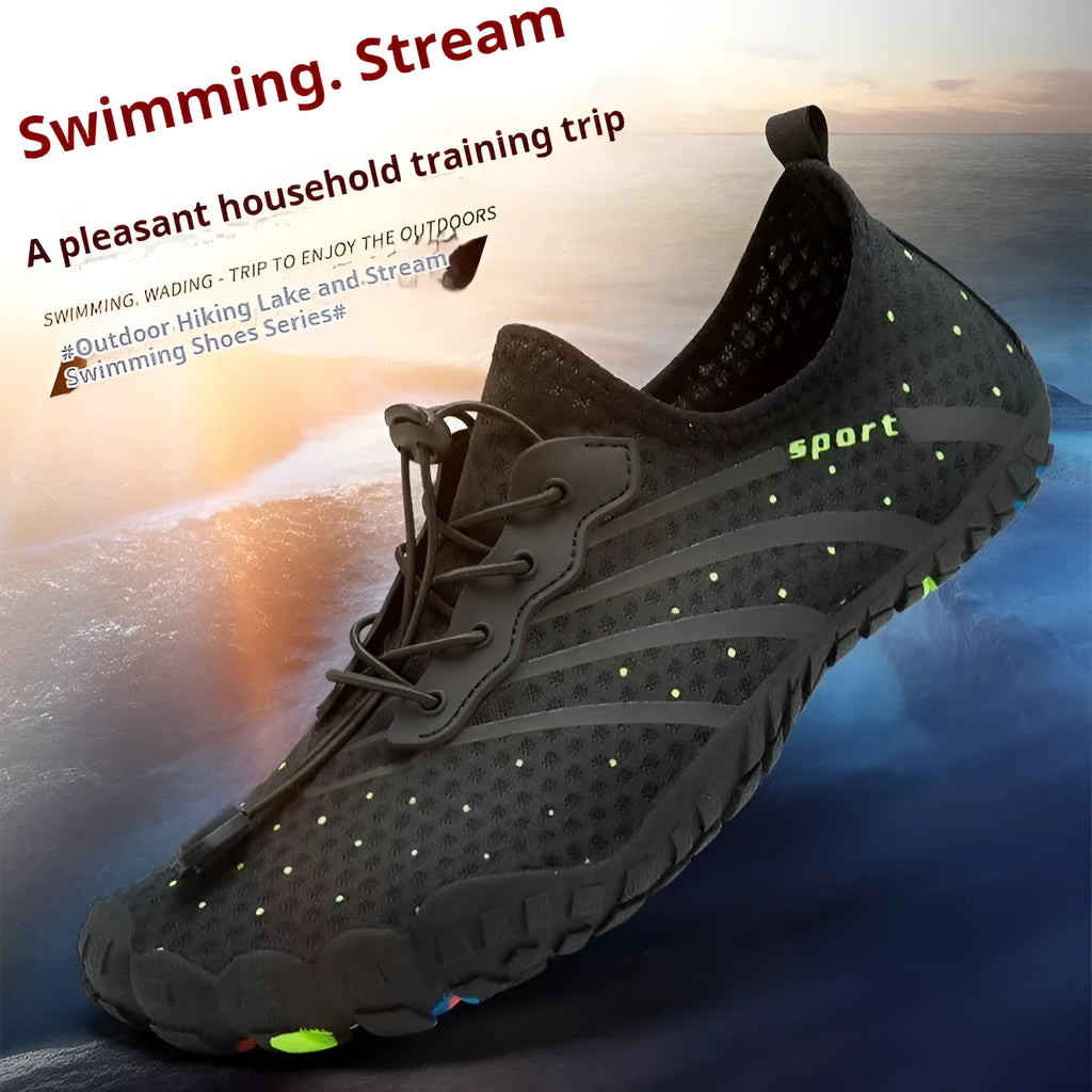 Low-top fast drainage beach shoes in army green with mesh upper and rubber sole for swimming and hiking.